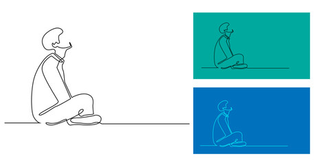 Continuous line drawing of a man sitting on the floor and looking upward.minimalist one line art illustration symbolizing hope, contemplation, and mindfulness.