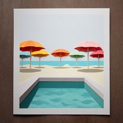 Fototapeta premium Colorful beach umbrellas and a pool, paper cut design