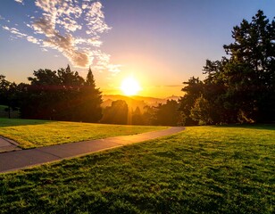 Sunrise over a park path.  Golden hour view