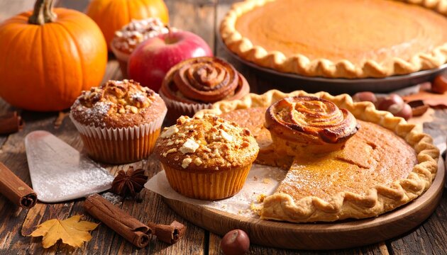 Autumn baked goods (pumpkin pie, apple pie, muffins, cinnamon rolls)
