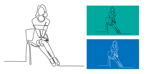 Continuous line art of a woman sitting on a chair with hands bound, minimalist one line drawing representing restriction, limitation, stress, emotional struggle, or feeling trapped in life.