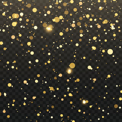 Festive falling golden glitter and sparkling confetti overlay effect. Vector