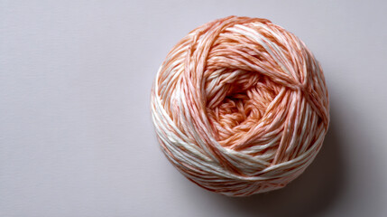 A ball of yarn in soft peach and white colors, top view isolated on the background.
