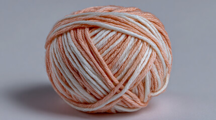 A ball of yarn in soft peach and white colors, top view isolated on the background.