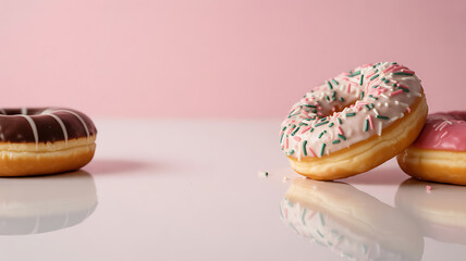 Three assorted donuts with colorful icing and sprinkles on a reflective surface against a pink background