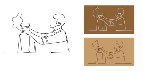 Continuous line art of two young men in conflict, minimalist one line drawing symbolizing disagreement, argument, or personal tension.