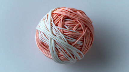 A ball of yarn in soft peach and white colors, top view isolated on the background.
