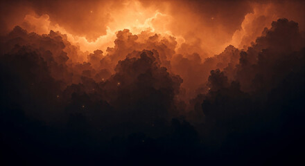 Dramatic sky filled with dark, billowing clouds illuminated by a fiery orange glow from behind, creating a sense of ominous beauty.