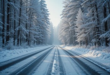 Obraz premium Crisp Winter Drive Forest Road, Textured Snow and Ice, Realistic Rendering