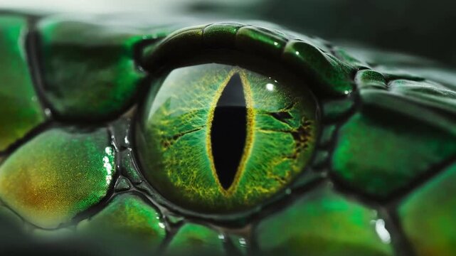 Extreme Close-Up Macro of a Green Reptile or Dragon Eye Blinking, Detailed Iris and Pupil Animation