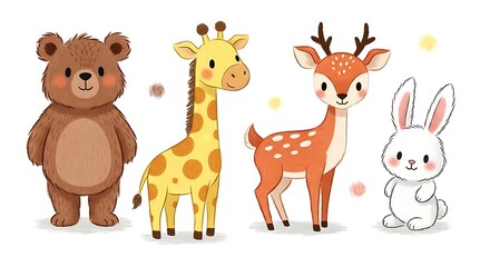 Charming watercolor illustration showcasing a bear, giraffe, deer and rabbit