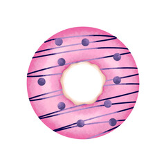 Watercolor illustration of a purple donut with striped icing.