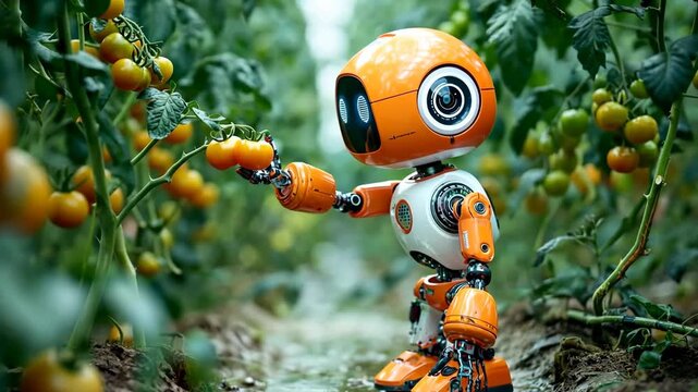 Generative AI. Robot with orange accents is harvesting ripe tomatoes in a lush green garden, showcasing the intersection of technology and agriculture in modern farming practices
