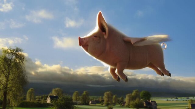 Realistic Pig with Wings Flying Through a Blue Sky with Clouds, Surreal and Impossible Dream Concept