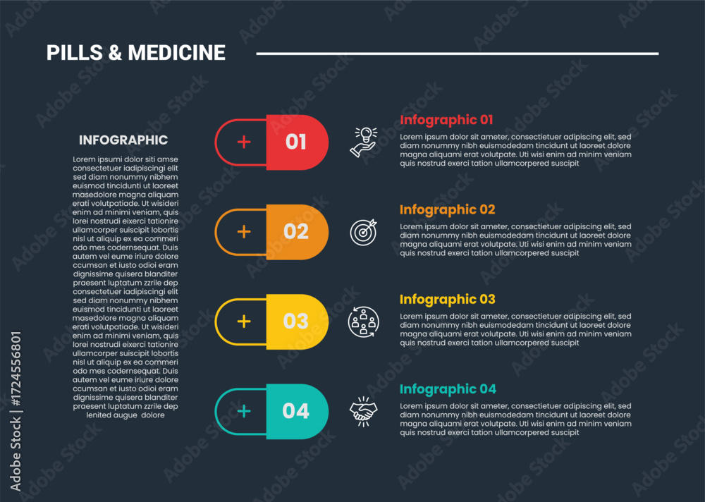 Aufkleber pills and medicine infographic process diagram with vertical stacked capsule list with dark backgrou