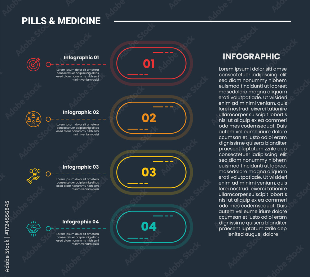 Aufkleber pills and medicine infographic process diagram with round capsule on stacked vertical list with dark