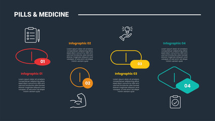pills and medicine infographic process diagram with multi variations shape with up and down horizontal with dark background bright outline style 4 points
