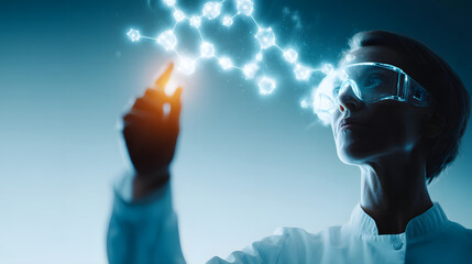 Scientist lab hologram molecule research technology innovation analysis futuristic science vision with glowing molecular structure