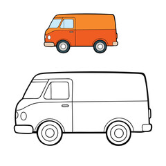 A fun cartoon cargo van coloring page featuring a simple outlined design, big wheels, and spacious body—perfect for kids to add creativity with bright colors.
