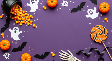 A festive Halloween arrangement featuring candy corn, pumpkins, bats, ghosts, and a lollipop.