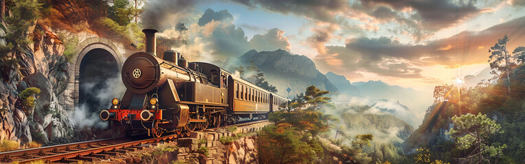 Obraz premium Old Steam Locomotive Passing Through Countryside Under Golden Sunset Sky