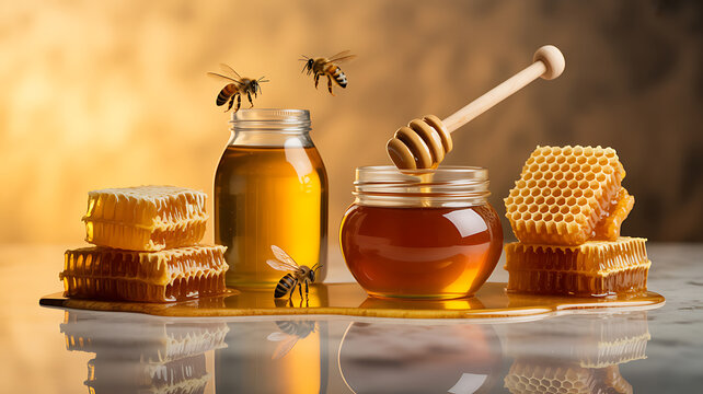 Honeycomb, honey jars, and bees on a reflective surface with warm lighting