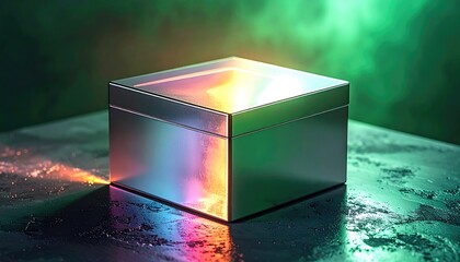 Metallic box reflects vibrant colors on a textured surface against a blurred, atmospheric green background