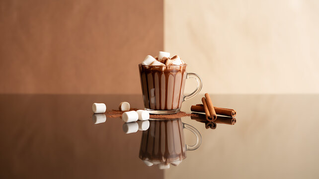 A mug of hot chocolate topped with marshmallows, accompanied by cinnamon sticks and scattered marshmallows on a reflective surface.