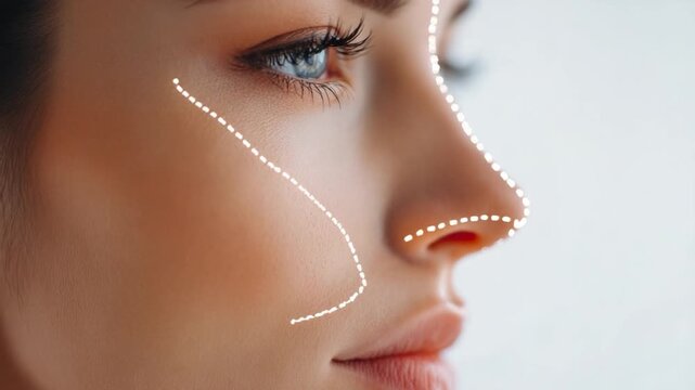 Beauty's Blueprint: A profile portrait showcases a woman's face marked with surgical lines, highlighting facial contours and the promise of enhancement, signifying beauty.