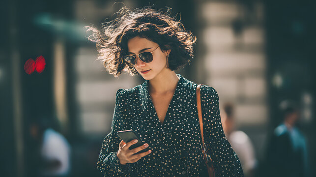 Stylish woman mobile phone city street walking sunglasses curly hair green dress polka dot daylight urban scene with focused mood