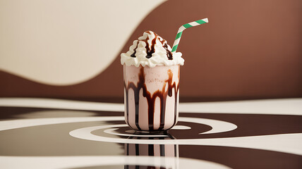 A chocolate milkshake topped with whipped cream and chocolate syrup, served in a glass with a striped straw on a patterned surface