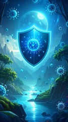 Nighttime landscape, glowing shield, viruses
