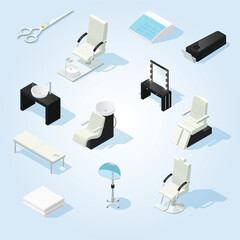 Isometric Style Salon Equipment and Furniture Set for Beauty Services