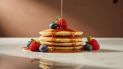 Stack of pancakes topped with berries and drizzled with syrup on a reflective surface