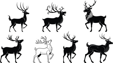 Deer illustrations, stylized poses, antler variation, swirling patterns, black and white design, vector animal set, artistic silhouette