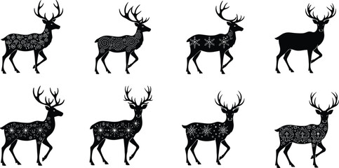 Deer silhouettes, floral patterns, spiral design, snowflake motif, star texture, festive artwork, vector animal set, holiday decoration