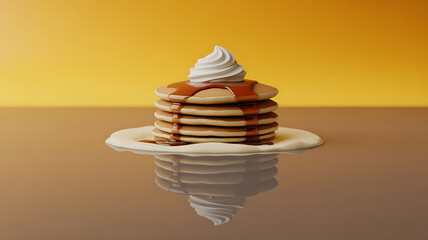 Stack of pancakes with syrup and whipped cream on a reflective surface against a yellow background