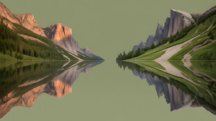 Symmetrical mountain landscape with calm lake reflecting peaks and green valleys