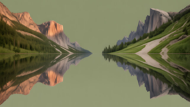 Symmetrical mountain landscape with calm lake reflecting peaks and green valleys - Powered by Adobe