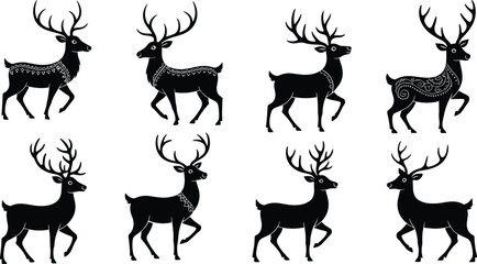 Deer silhouettes, stylized poses, antlered stances, ornamental patterns, geometric design, festive texture, vector animal set, black artwork