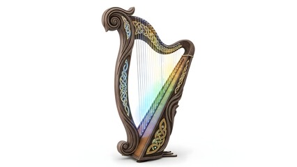 Enchanted Celtic Harp with Rainbow Luminescence, Intricately Decorated Antique Musical Instrument