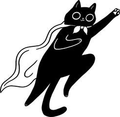 Black cat superhero flying with cape and bowtie