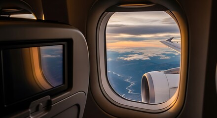 Breathtaking airplane window view above cloudscape at golden sunset time