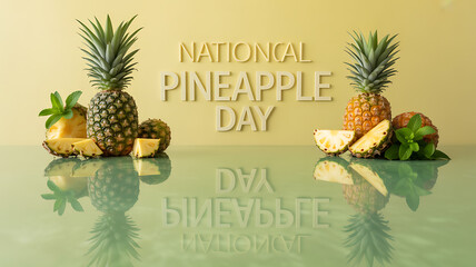 National Pineapple Day celebration with whole and sliced pineapples on a reflective surface against a yellow background