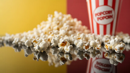 Popcorn scattered on a reflective surface with a striped container in the background