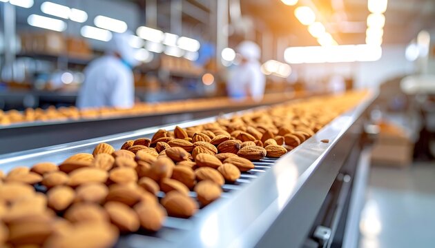 Almonds on a conveyor belt in a factory
