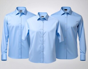 Three light-blue dress shirts, short and long sleeve,  on a light gray background