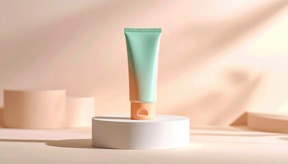 Mint green tube on white pedestal, peach accents. Abstract shapes and soft light create a minimalist, calming, skincare scene