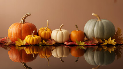 Assorted pumpkins and autumn leaves arranged on a reflective surface with warm lighting