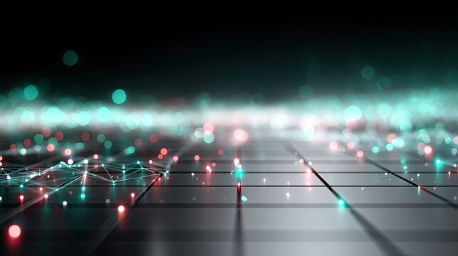 Abstract Digital Network Background with Glowing Lines Red and Green Bokeh Effect on Dark Tiled Floor